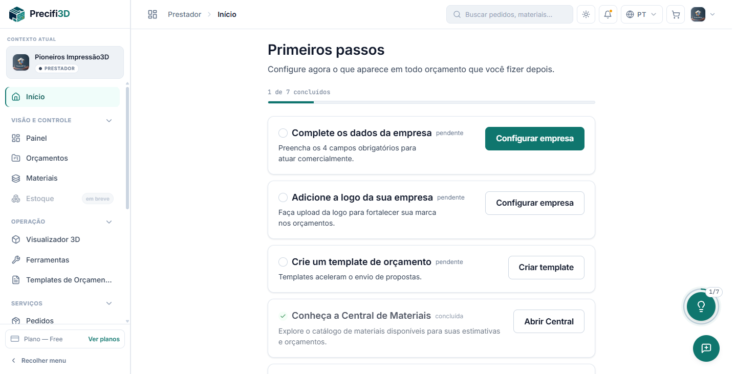 Painel interno do Precifi3D — tela de primeiros passos do prestador